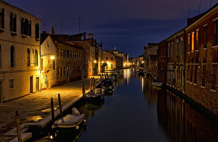 architecture, building, infrastructure, canal, water, city, night