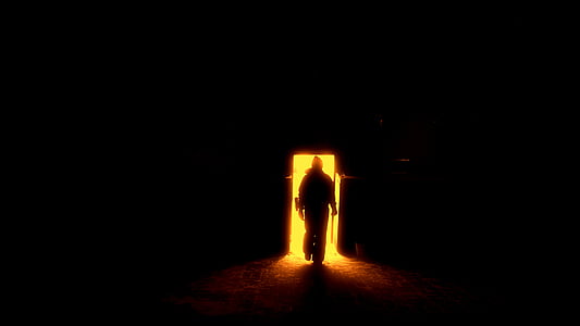 human silhouette, the door to hell, gates, sun, bright light, volcanic crater, people