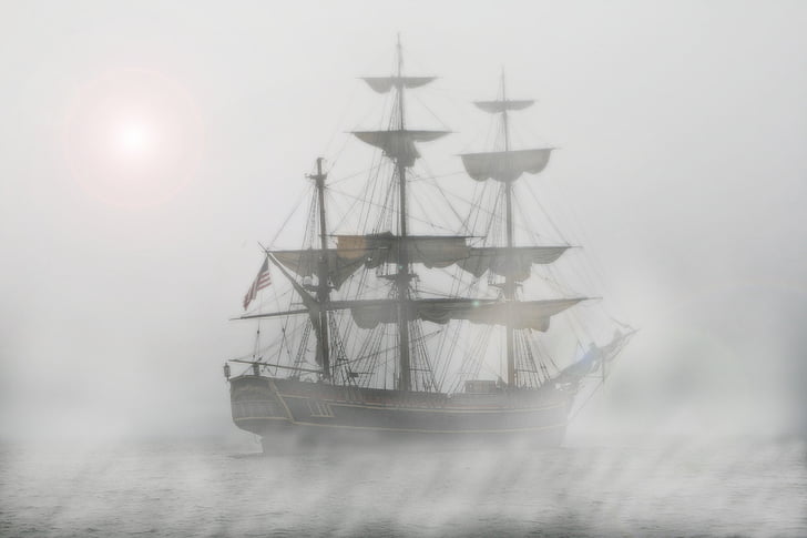 пирати, ветроходен кораб, фрегата, кораб, мъгла, пътуване, вода