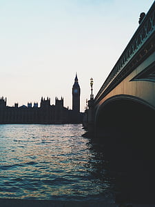 London, Big ben, híd, víz, folyó, utca-és városrészlet, naplemente