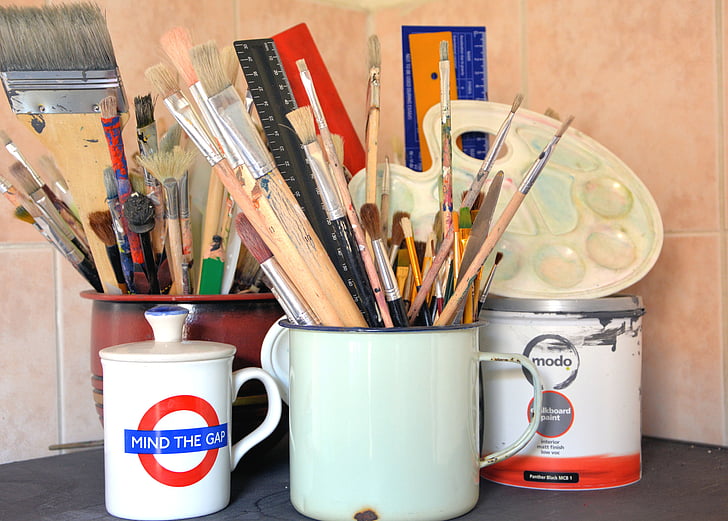 art mediums, paint brushes, containers, paintbrush, paint