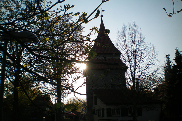 Ulm, ondergaande zon, Twilight, toren