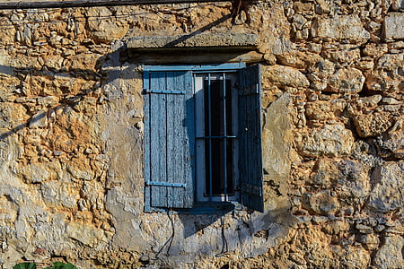 παράθυρο, ξύλινα, παλιά, μπλε, τοίχου, ηλικίας, ξεπερασμένο
