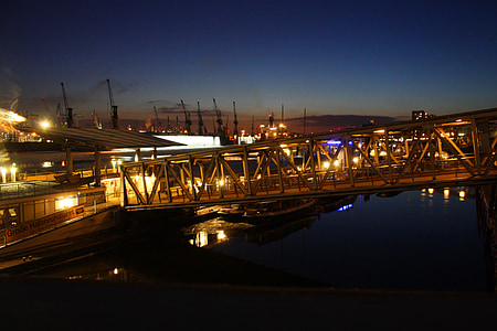 pristanišča, Hamburg, noč, most