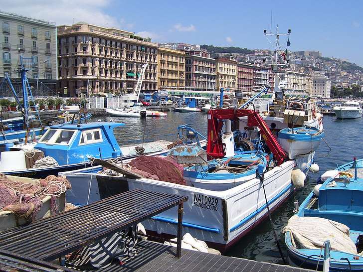 Napoli, Waterfront, fiskefartøy, nettverk, fiskere, fiske, Marina
