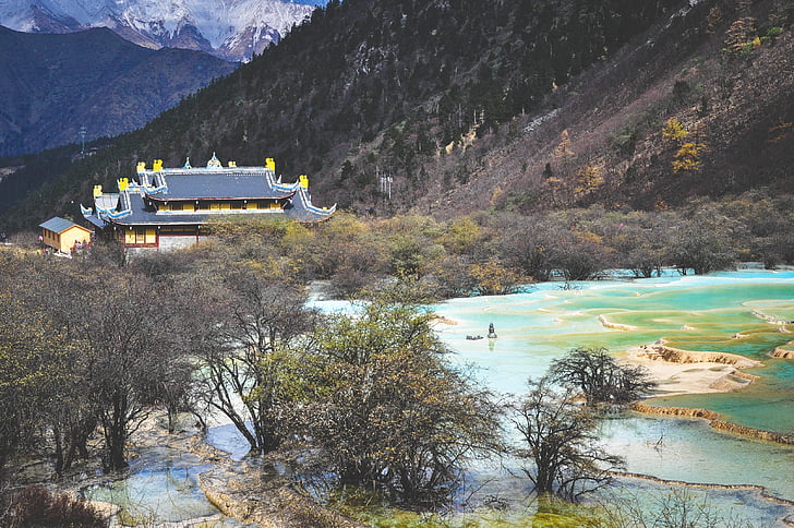gray, blue, temple, near, hot, spring, landscape