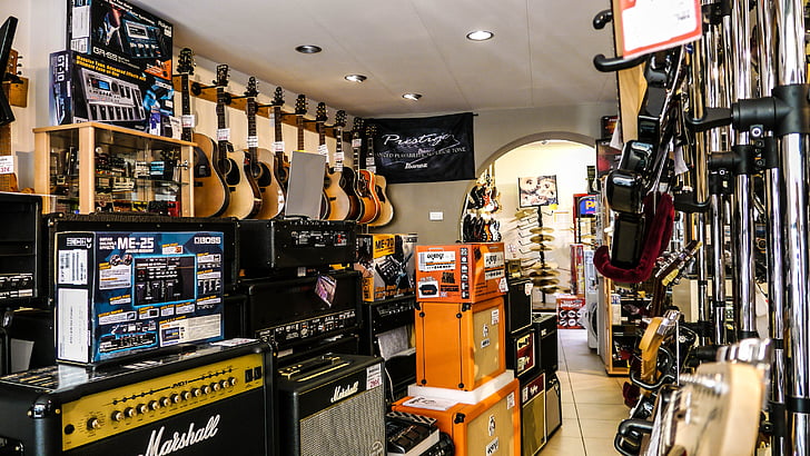 áruház, amp, gitár, eszköz, zene, rock