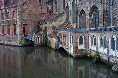 bruges, belgium, wall, church, channel, bridge, water