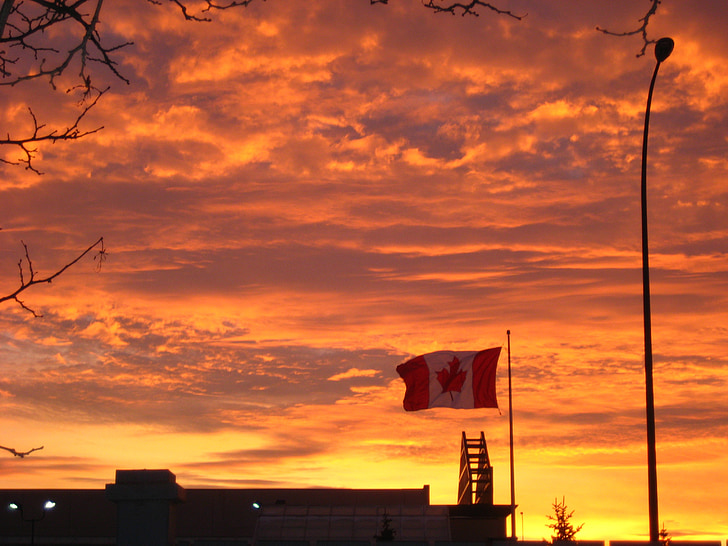 Canada, flagg, solnedgang, himmelen, landskap, Twilight, skyen