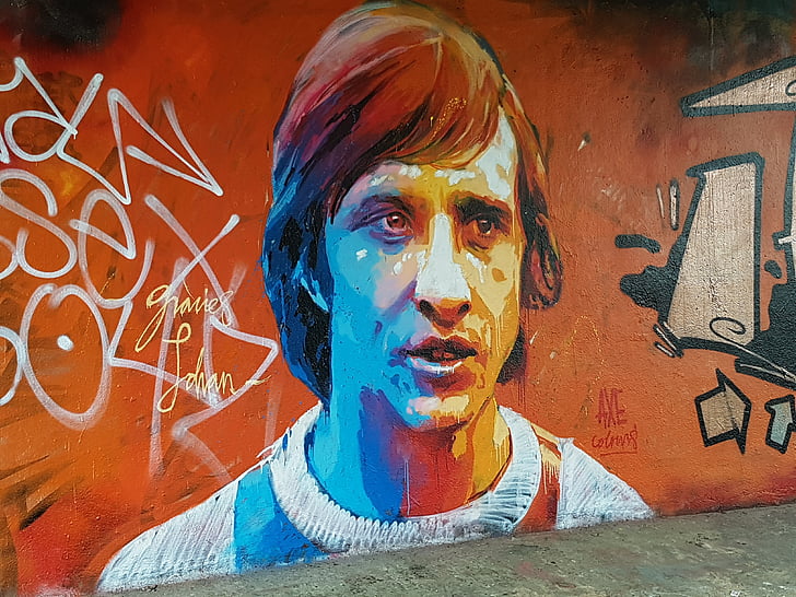 Graffiti, Johan Cruijff, Jalgpall, tänavakunsti, seina, üks inimene, täiskasvanu