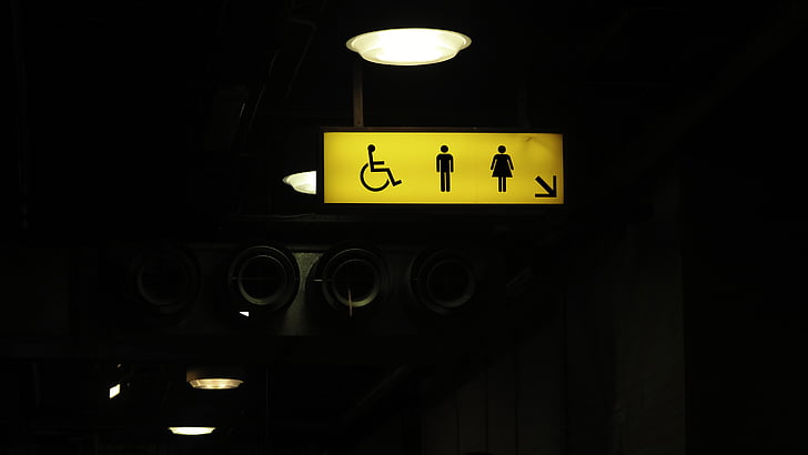 toilet, signage, still, items, things, ceiling, light