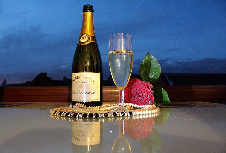 evening, jewelry, rose, champagne, drink, temptation, alcohol