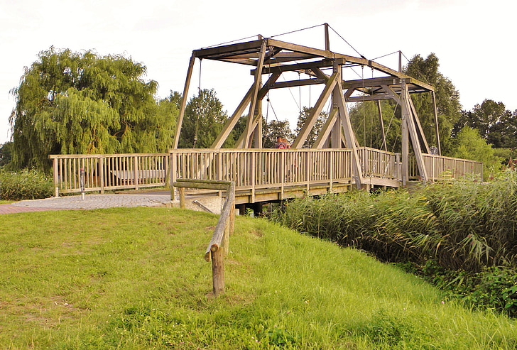 drawbridge, bridge, wooden bridge, antique, ueckermünde, outdoors, nature
