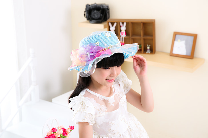 child, girls, portrait, photo, white dress, hat, bid