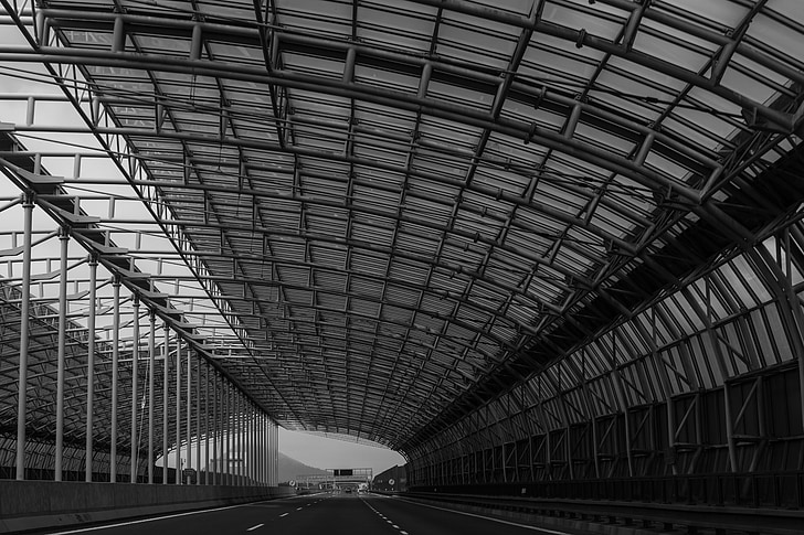 tunnel, highway, czech republic, black and white, drive, move, steel