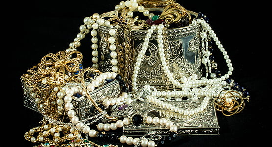 juveler, smykker, halskjede, broach, gull, sølv, perler