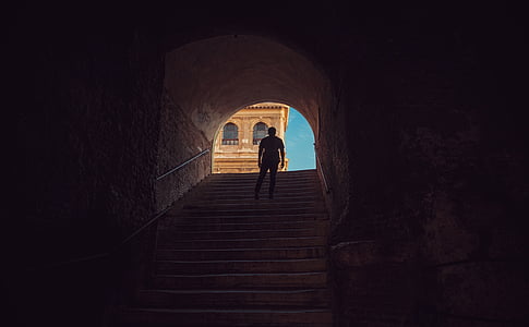 silhouette, photo, man, passing, tunnel, stair, arch