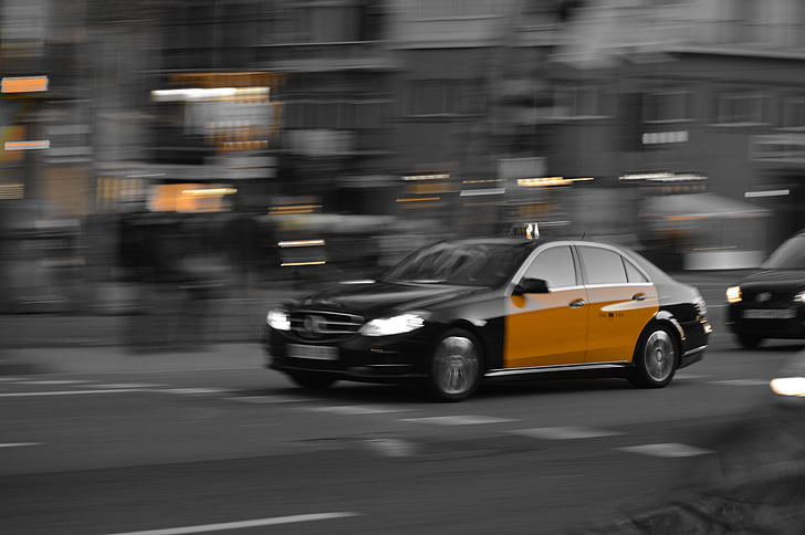 taxi, Barcelona, svart, Spanien, gul, bild, fotografering
