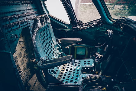 cadeira, cabina do piloto, danificado, velho, assento, veículo, naufrágio