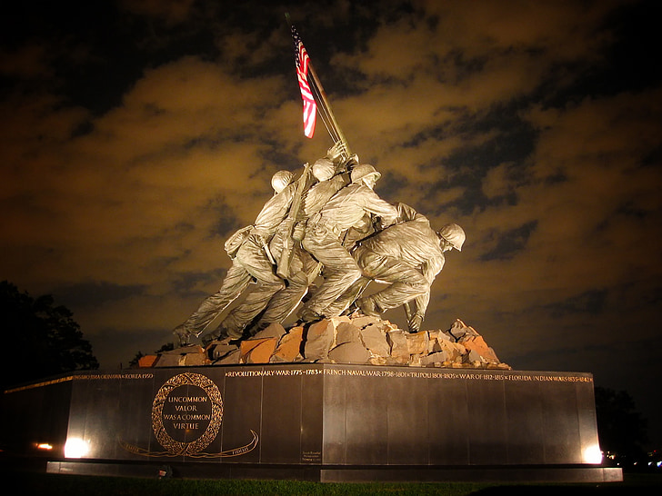 memorial del cos de marines, Washington dc, estàtua, punt de referència, la Segona Guerra Mundial, nit, cel