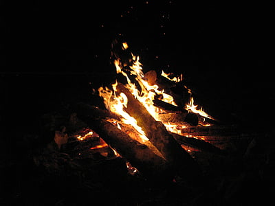 огън, пламък, нощ, жълто, горя, дърва, топлина