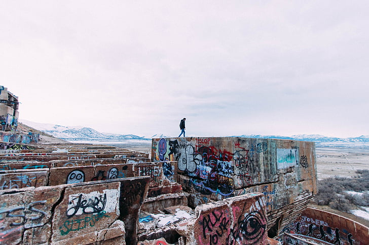abandoned, art, graffiti, person, ruins
