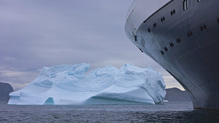 айсберг, кораб, лед, пътуване, вода, синьо, океан