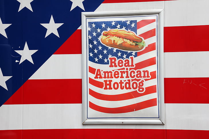 la publicité, hotdog réel américain, drapeau, l’Amérique