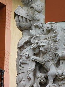 Blason, statue de, sculpture, extérieur, bras, médiévale, ville