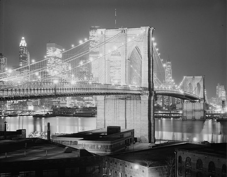 Brooklyn bridge, 1982, Manhattan, natt, kveld, Bridge, arkitektur