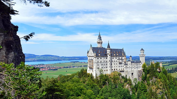 Njemačka, Bavaria, Dvorac Neuschwanstein, arhitektura, oblak - nebo, nebo, drvo
