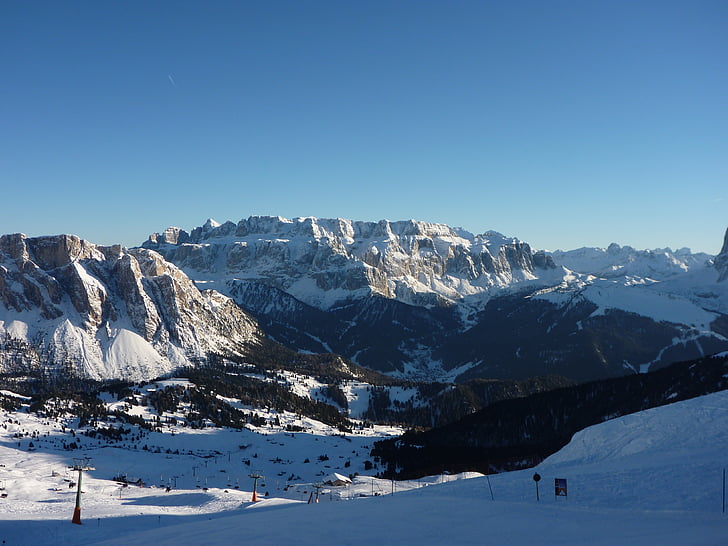 Dolomiterna, Panorama, Ski, bergen, naturen, vinter, utrymme dag