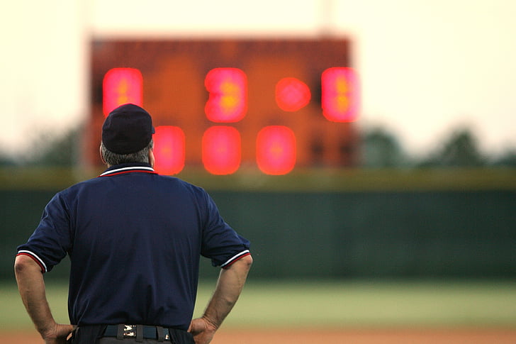 umpire, sports official, scoreboard, baseball, game, competition, field