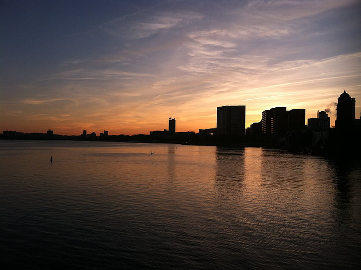 Boston, al atardecer, Skyline, puesta de sol, Crepúsculo, horizonte urbano, paisaje urbano