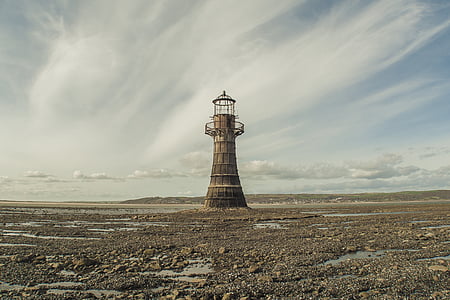 photograph, gray, lighthouse, daytime, beach, cloud, sky
