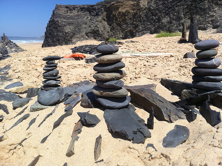 stones, landart, coast, lonely, beach, portugal, rock - Object