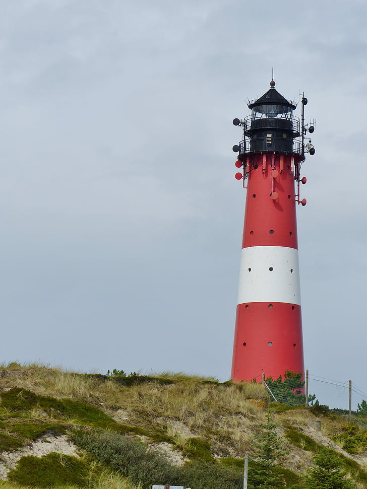 Lighthouse, sylt, kusten, röd, vit, byggnad, randig