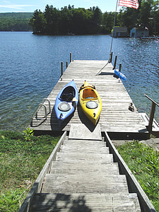 muelle, verano, vacaciones, kayaks, Lago, orilla del lago, sol