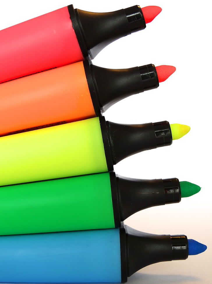 highlighter, fluorescent pens, color, colorful, rainbow colors, pencil, yellow