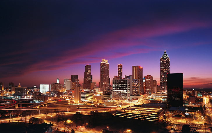 Atlanta, Kota, Pusat kota, malam, lampu, cakrawala perkotaan, pemandangan kota
