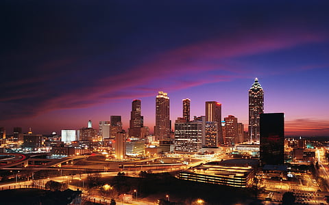 Atlanta, City, Downtown, öö, tuled, linna panoraam, linnaruumi