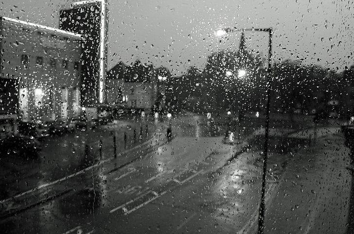 raindrops, drops, window, black, white, background, water