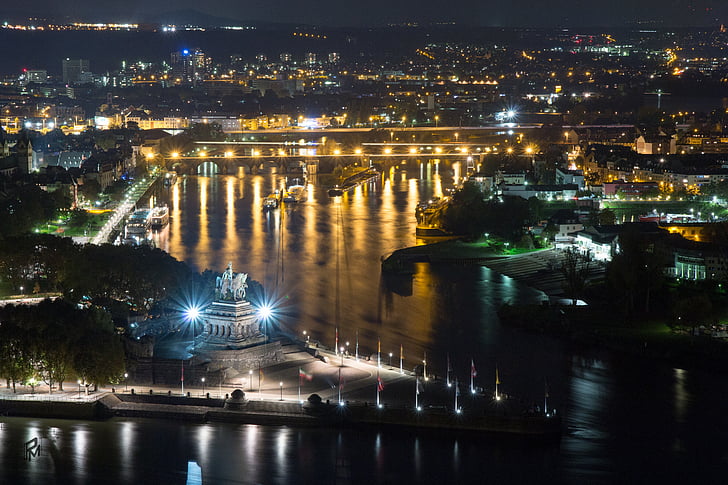 Monumento, canto alemão, Koblenz, fotografia de noite, Reno, Fortaleza de Ehrenbreitstein, Kaiser wilhelm