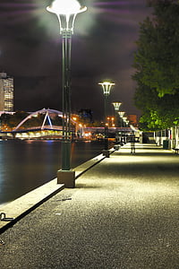 Melbourne, ciutat, vorera, nit, Panorama urbà, Farola, il·luminat