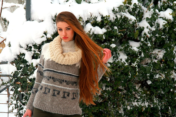 girl, long hair, blonde, winter, snow, beauty, seductive