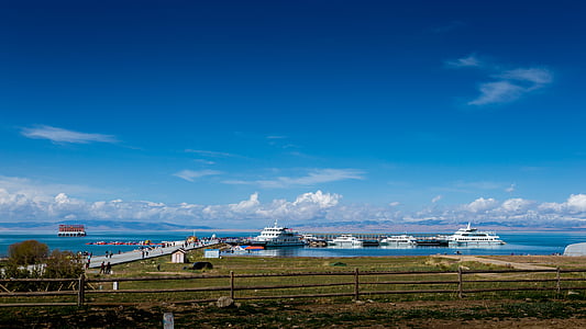 Цинхай езеро, Синин, Провинция Гансу, море, морски кораб, пристанище, синьо