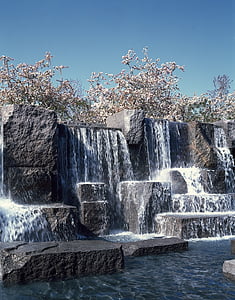waterfall, memorial, trees, cherry, rock, scenic, water