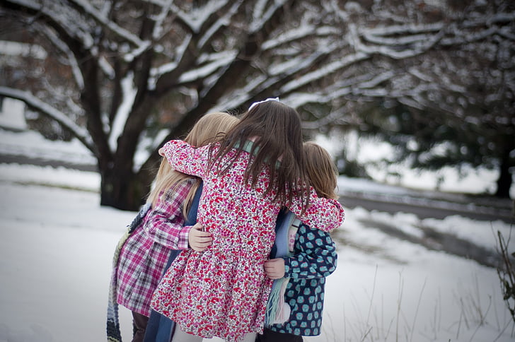 girls, sisters, snow, winter, happy, childhood, young
