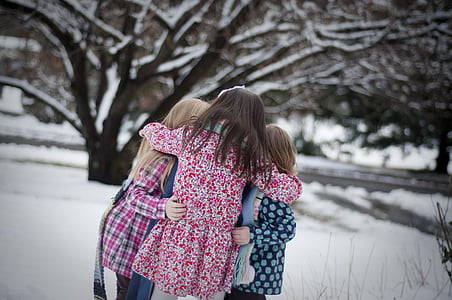 meitenes, māsas, sniega, ziemas, laimīgs, bērnībā, jaunais