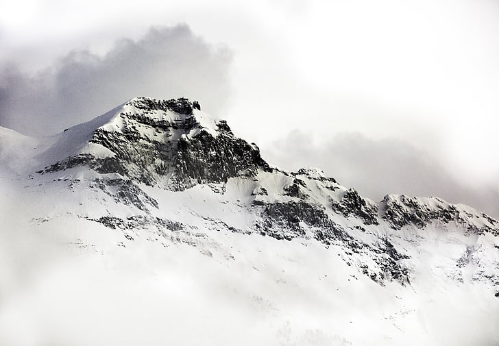 山, 覆われています。, 雪, 昼間, クラウド, 雲, 山岳